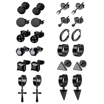 1 Комплект/12 чифта обеци за мъже и жени, мъжки обеци от неръждаема стомана, обръч в стил пънк, черни обеци-карамфил, определени 0