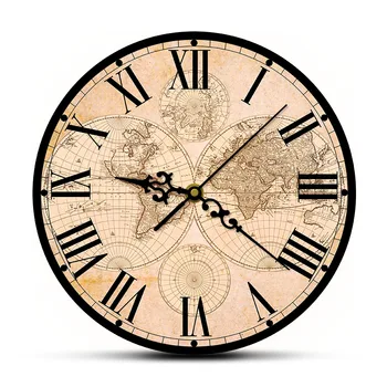 17 век е една антична Карта на Света на Изобразителното Изкуство Печат Модерните Стенни Часовници Историческа Карта на Света Тиха Сканиране, Стенен Часовник за Подарък За нов дом 0