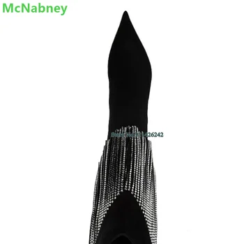 2022 Нови Черни Велурени дамски ботуши с пискюли и кристали, с остри Пръсти, на Тънките Високи токчета, без Съединителни ръчно изработени, Однотонная Модерни обувки за Подиум 2