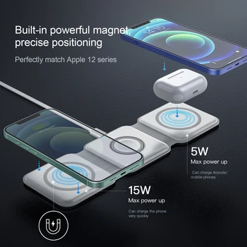 3 в 1 Магнитно Безжично Зарядно за iPhone 12/12 Pro max Airpods Pro на Apple Watch 15 Вата Бързо Зареждане на Сгъваем QI Индукционный Телефонен Мат 2