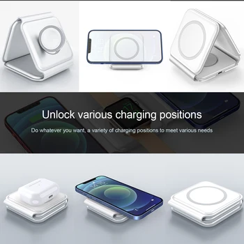 3 в 1 Магнитно Безжично Зарядно за iPhone 12/12 Pro max Airpods Pro на Apple Watch 15 Вата Бързо Зареждане на Сгъваем QI Индукционный Телефонен Мат 4