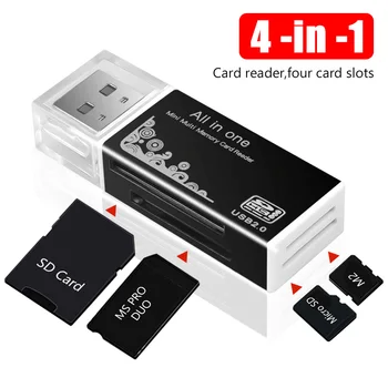 4 В 1 Адаптер за четене на карти памет Micro SD SDHC MMC USB SD, T-Flash, M2 MS Duo, USB 2.0 Поддръжка на Адаптер за четене на карти памет с 4 слота 0