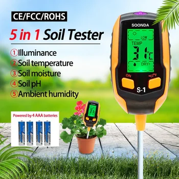 5 в 1 Детектор на почвата Измерване на PH на Почвата Тестер стойности на PH pH Измервателен уред Измерване на Температура, Влагомер за Измерване Влажността