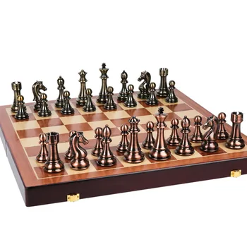 52 см Луксозни Шах Игри Бронзови Метални Фигури Комплект Сгъваема Дървена Шахматна Дъска Творчески Семейни Настолни Игри за Деца 3