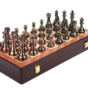 52 см Луксозни Шах Игри Бронзови Метални Фигури Комплект Сгъваема Дървена Шахматна Дъска Творчески Семейни Настолни Игри за Деца 4