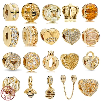 925 Сребро Златен Цвят Колекция Мъниста Мода Изискан Чар подходящ Оригинална Гривна Pandora САМ Изработка на Бижута