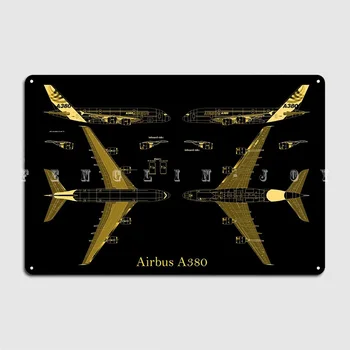 Airbus A380 Blueprint Златен Метален Знак Стикери Кухня Конфигуриране На Кръчма Лидице Знак Плакат 0