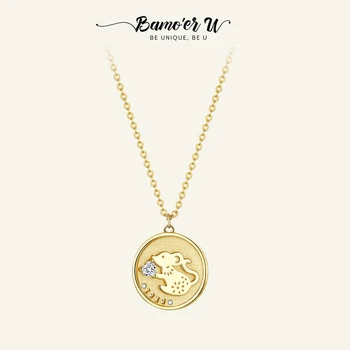 BAMOER U 925 Сребро Скъпа Плъх Монета Колие за Жени Позлатени Златен Медальон Дизайн Оригинални Колиета Изискани Вечерни Бижута