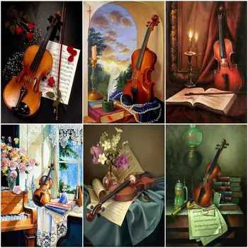 CHENISTORY Боята По Номера на Цигулка, Рисуване Върху Платно, Ръчно Рисувани Подарък САМ Музикален Инструмент Пейзаж Комплекти Начало Декор