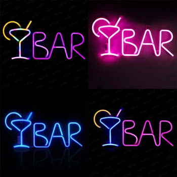 Led Знак за бар неон захранва от USB, Синя меню с коктейли Стъклена табела за бар, светещи букви за стенен декор за дома, заведението, Партита, знаци за напитки
