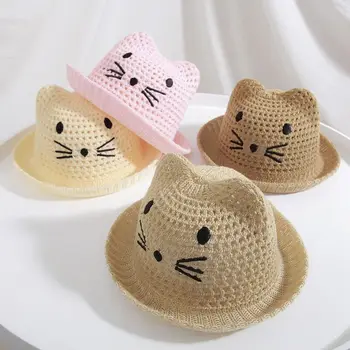 MAERSHEI/Детска солнцезащитная шапка с бродерия на котка, детска плажна шапка, за сезон: пролет-лято, Скъпа ежедневни шапка за момиченца