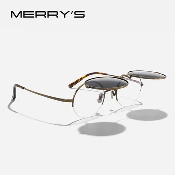 MERRYS ДИЗАЙН Чист Титан Кръгли Очила 180 ° Обръщане Поляризирани Лещи Мъжки Полукадры Предписани Очила, Оптично Eyewer S2954