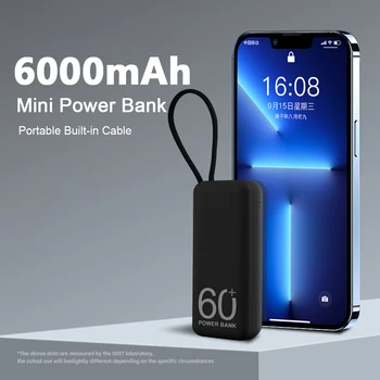 Portable Power Bank Мини Power Bank 6000 mah Вграден Кабел Външен Резервна Батерия За iPhone 11 12 13 14 Pro Samsung Xiaomi