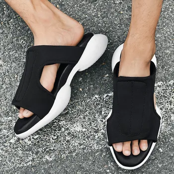 Qmaigie/Мъжки чехли; луксозна марка дизайнерски обувки; Мъжки Сандали; Летни обувки от въздушна мрежа; Улични Плажни Сандали; джапанки за мъже черен цвят 3