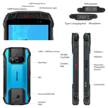 Ulefone Armor 15 Здрав Телефон Android 12 Смартфон 6600 mah 128 GB NFC 2,4 G / 5G WLAN Водоустойчив Мобилни телефони, Вградени слушалки TWS 2