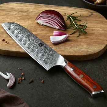 XINZUO 7-инчов Японски Нож на Главния готвач, Китайски Дамасский Кухненски Нож От Неръждаема Стомана, Професионални Ножове Сантоку с дръжка от Палисандрово дърво 5
