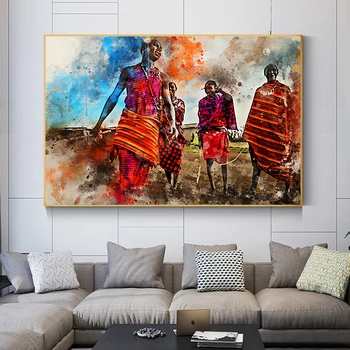 Акварел Африканско Изкуство Племето Масаи Танци Платно Живопис Плакати и Абстрактни Щампи Стенни Художествени Картини за вашия интериор Дневна