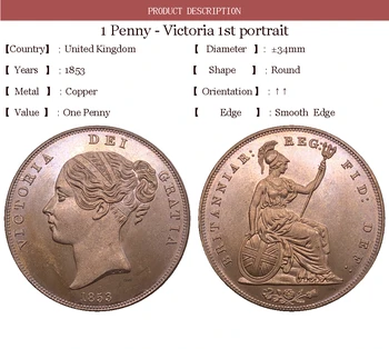 Великобритания 1853 Виктория 1 Едно Пени, Кралицата на Великобритания Копирни Монети от Мед и Червен Великобритания Бронзова Портретна Монетата с Гладък Ръб 5