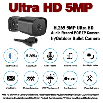 ВИДЕОНАБЛЮДЕНИЕ POE IP Камери за Сигурност Черен Открит Водоустойчив Комплект Камери 5MP HD за Нощно Виждане за Наблюдение Cam Bullet 4