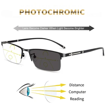 Висококачествени Фотохромичните Мультифокальные Очила За четене, Мъжки Прогресивни Очила за Далекогледство с Анти-синя светлина, Метална дограма от 1,0 До 4,0