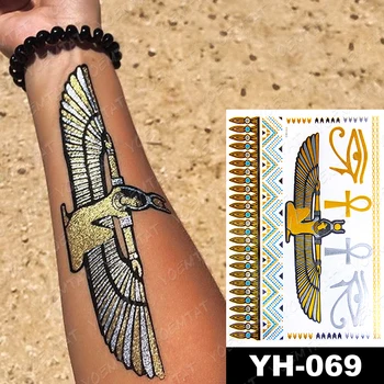 Водоустойчив Временна Татуировка Стикер Египет Богинята На Злато, Сребро Металик Флаш Татуировка Бохо Ръката На Фатима Бижута Блясък Боди Арт 1