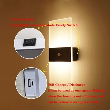 Вътрешен Стенен монтаж USB Лампа Акумулаторна батерия Led монтиран на стената Лампа С Датчик за Движение Вътрешно Осветление Хол, Спалня, Коридор, Нощни осветителни Тела 3