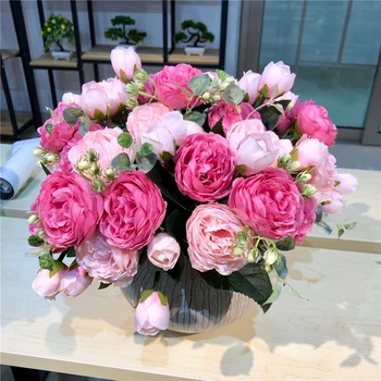 Горещи Изкуствени цветя Роза връзка Коприна Божур букет фалшив Цвете за 