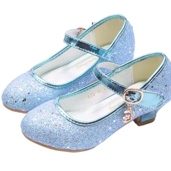 Детски Модел обувки на Елза За Момичета, бели, Сини, Блестящи Обувки-лодка за Шаферките на ниски обувки, детски обувки на Принцесата за Сватбеното парти в стил 