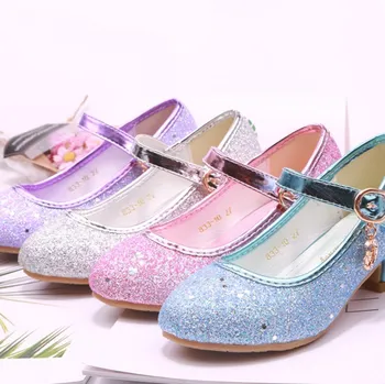 Детски Модел обувки на Елза За Момичета, бели, Сини, Блестящи Обувки-лодка за Шаферките на ниски обувки, детски обувки на Принцесата за Сватбеното парти в стил 