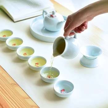 Дзен Буда момиче китайски вятър риба на Китайски Кунг-фу Чай чайник и чаши чай Селадон чаена чаша бял или зелен чай 2