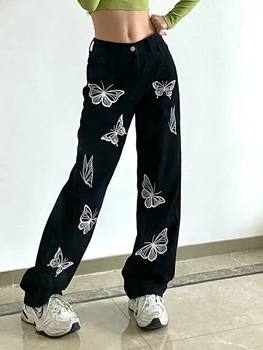 Дизайнерски дънки с принтом пеперуда, женски реколта дънки на 90-те години, тънки свободни универсални прави панталони, Дамски дънки, дрехи y2k 0