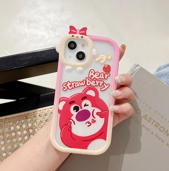 Дисни ягодово мечка Мечо Пух 3D лук Елф защита камера Калъф За Телефон За iPhone 11 12 13 Pro Max Прозрачен Калъф 3