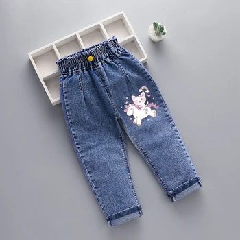Дънкови Панталони с прав штанинами с ластик за малки момичета, Есента Дрехи за деца, Връхни облекла, Дънкови Панталони на 1-6 години