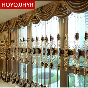 Европейската лукс King Queen кафяви бродирани със злато завеси за хол с прозрачни луксозни хотели, подходящи за спални 0