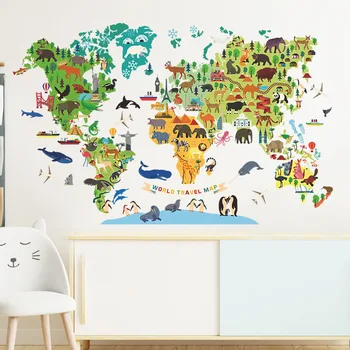 Животни Карта на Света Стикери за Стена за Момчета, Детска Спалня, Детска стая Стенен Декор Свалящ Стикер за Детска Градина Клас DIY