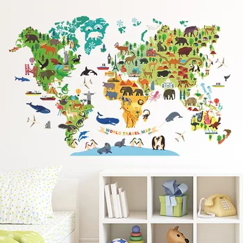 Животни Карта на Света Стикери за Стена за Момчета, Детска Спалня, Детска стая Стенен Декор Свалящ Стикер за Детска Градина Клас DIY 2