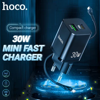 зарядно устройство hoco USB PD 30 W Type-C QC3.0 USB-A 18 W с две пристанища на ЕС, бързо зареждане, комплект за бързо зареждане с кабел за iPhone Samsung USB C