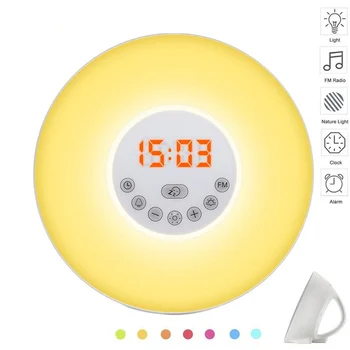 Изгрев/Залез/Digital alarm clock Цветна Светлина LED Цифров Часовник Будилник Показване на Времето, FM-радио Режим на Повторение Звук на природата Пробуждане