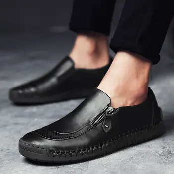 Класически мъжки ежедневни обувки от естествена Кожа, Дишащи мъжки лоферы с цип, мъжки обувки за шофиране, мъжки обувки, без закопчалка, черна обувки за шофиране 4