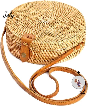 Кръгла женствена чанта от ратан - Сламени чанти от ратан ръчно - Плетени Чанта - Чанта в стил бохо - Кръгли плажни чанти през рамо от ратан 1
