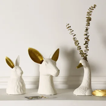 Лека луксозна керамична ваза с глава на зайче, Бели саксии с лебед, порцеланови цветни фигурки, гидропонные вази за сватби, декорация на дома 1