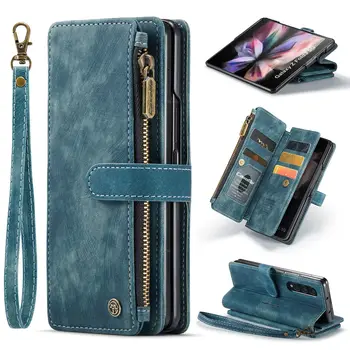 Луксозен Флип Кожен Калъф за Samsung Galaxy Z Fold 4 3 Носене на Чантата С Каишка на съвсем малък Гривна с Цип Държач за Карти Чанти