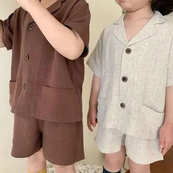 Лятна детска детски дрехи за момчета и момичета в корейски стил, памучни ленени Шорти с къс ръкав, комплекти, дрехи за малките момичета, Панталони, Облекло 2