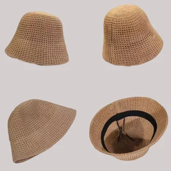 Лятна шапка за жени, Куха вязаная панама, Дишаща Рибарска Шапка, Ежедневни Универсална шапка за басейна, дамски розова панама 1