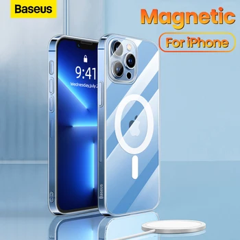 Магнитен Калъф За Телефон Baseus За iPhone 14 13 12 Pro Max с Поддръжка на Безжична Зареждане, Задната част на Кутията, Прозрачен Защитен Калъф На магнит