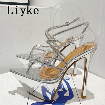 Модел Liyke За Подиум, Прозрачна Обувки за стриптийз, Дамски Сандали на платформа и Висок ток, 2023, Женски Прозрачни Пикантни Сватбени Обувки на висок ток, Размер42