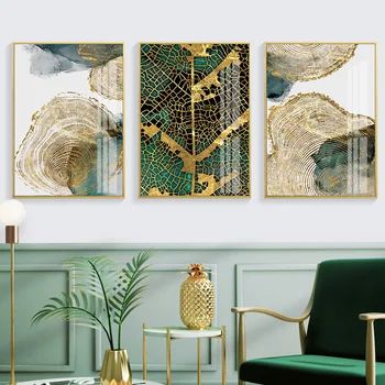 Модерен Абстрактен Златен Зелен Лист Отпечатък Годишната Пръстен Плакат Платно Картина На Стената Артистични Щампи Начало Декор Снимка На Дневна Спалня