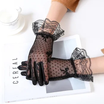 Модни Бели Черни Дантелени Ръкавици С Лък, Женски Прозрачни Мрежести Ръкавици За Момичета, Слънчеви Ръкавици С Пълна Пръст 2