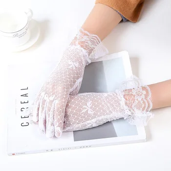 Модни Бели Черни Дантелени Ръкавици С Лък, Женски Прозрачни Мрежести Ръкавици За Момичета, Слънчеви Ръкавици С Пълна Пръст 3