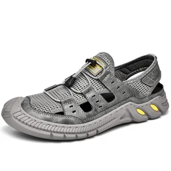 Мъжки Кожени Сандали 2023 г., Нова Лятна Градинска Удобна Плажна обувки, Модни Дишаща Блатни обувки, Римска обувки Голям Размер 2